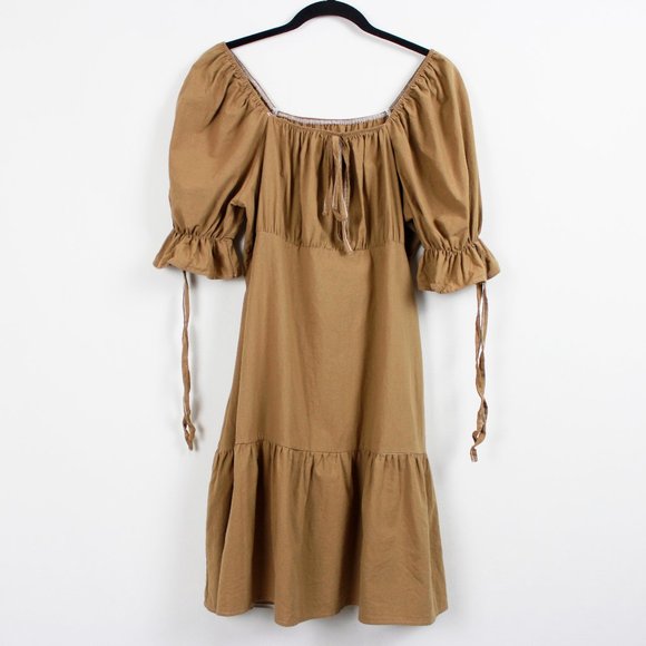 Camel Puff Sleeve Square Neck Summer Dress - Picture 11 of 13